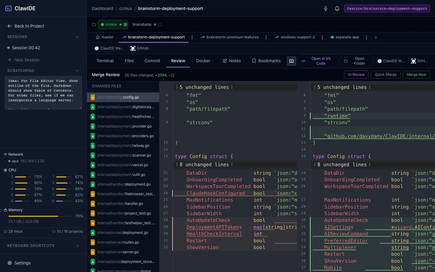 ClawIDE merge review: a side-by-side diff of an agent's changes before merging
